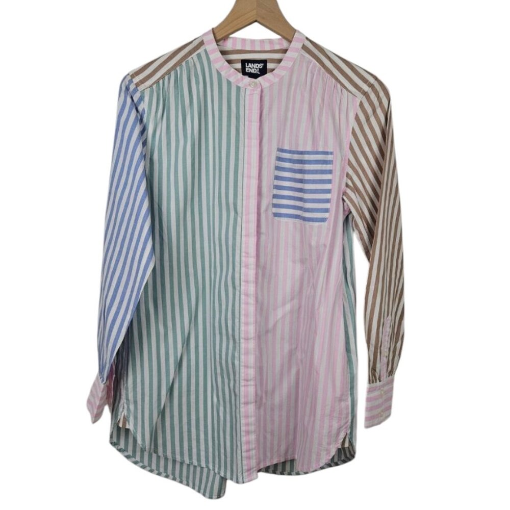 Lands' End Color Block Stripe Banded Collar Button Front Shirt‎ Women's Sz S Top